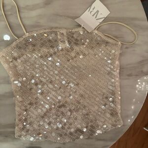 Zara Sequined Mesh Cami in Light Cream/Champagne Color